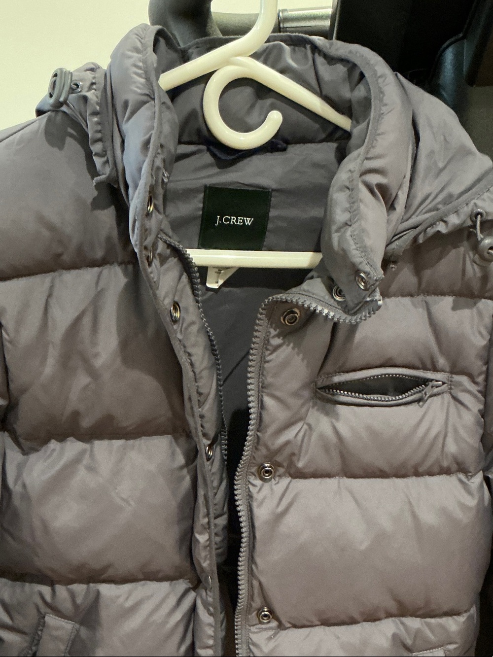 J. Crew Light Gray Quilted Puffer Jacket with Hood